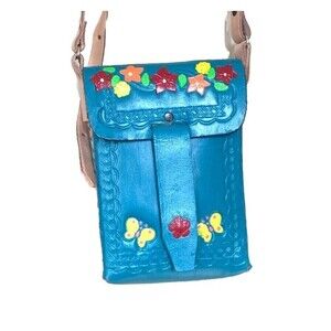 Colorful Leather Crossbody Purse Mini Bag Made In Mexico Tooled Floral Festival